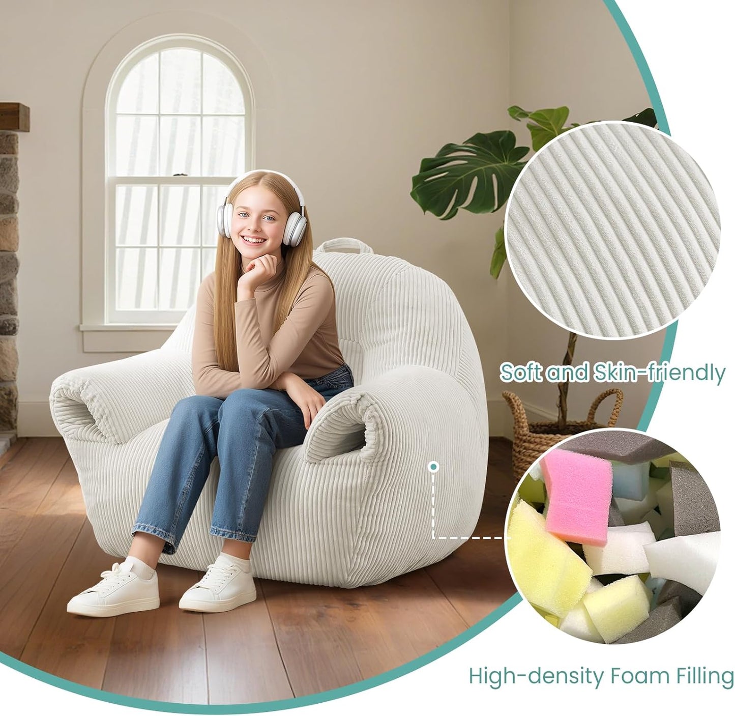 DAICO Bean Bag Chairs for Adults Oversized BeanBag Chair with Armrests Bean Bag Sofa Comfy Accent Chair Corduroy Lazy Floor Single Sofas with Foam for Bedroom Living Room Reading Gaming Beige
