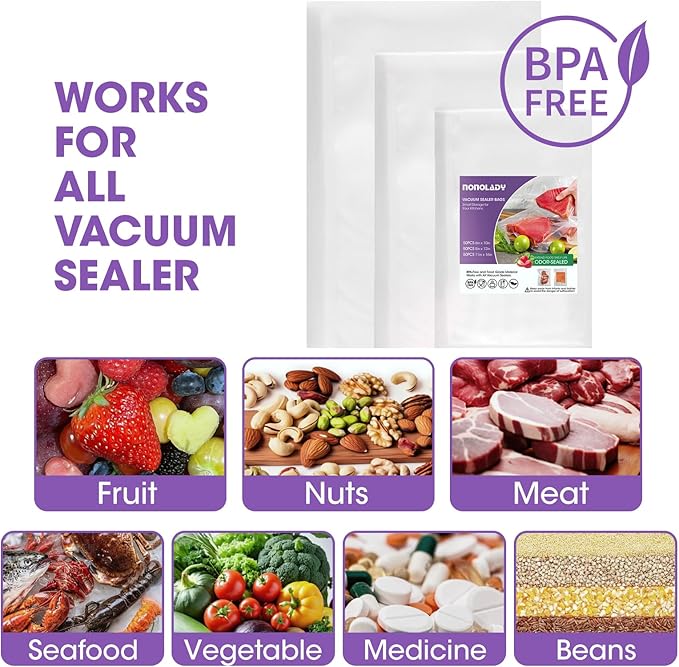 Vacuum Sealer Bags for Food, 50 Gallon 11" x 16" & 50 Quart 8" x 12" & 50 Pint 6" x 10" Precut, Commercial Grade, BPA Free, for Food Vac Storage, Freezer, Sous Vide, Meal Prep