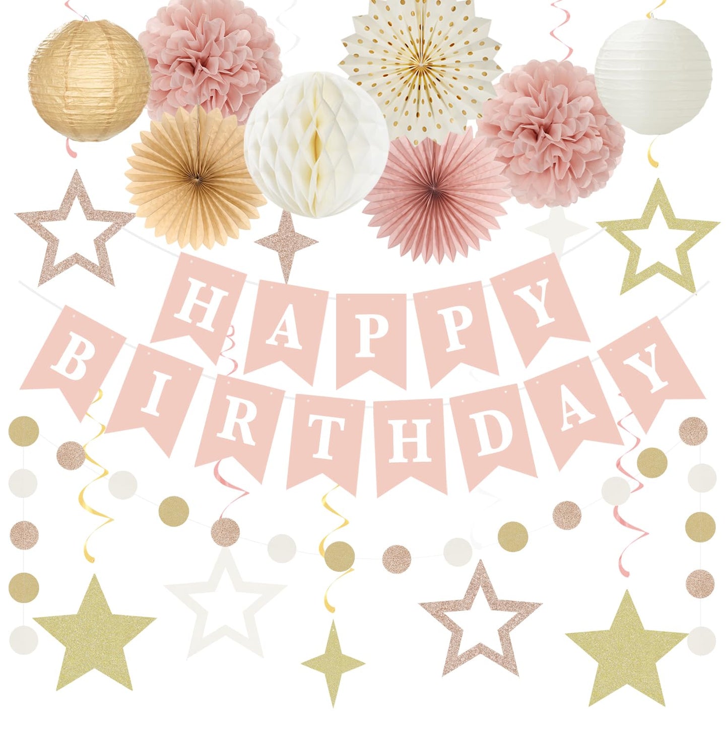 Pink Rose-Gold Champagne-Beige Birthday Party-Decorations - 19pcs Boho Rustic Streamers Banner,Paper Star Garland Lanterns Honeycomb Fan,Tissue Pom Poms,Wall Ceiling Backdrop Supplies Ouruola