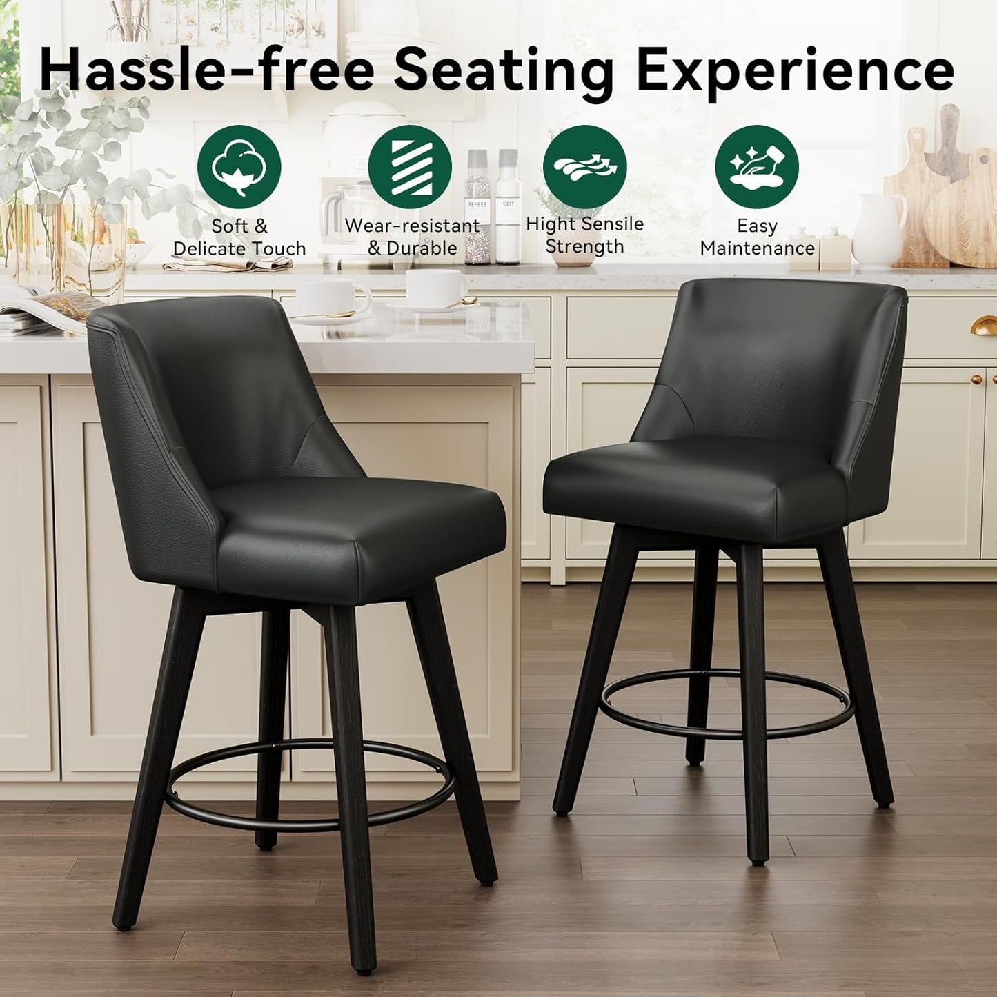 Vipbear Swivel Counter Height Bar Stools Set of 2,26.8" H Counter Stools with Back, Mid Century Modern Bar Stools for Kitchen Island,Faux Leather,Wooden Base, Black