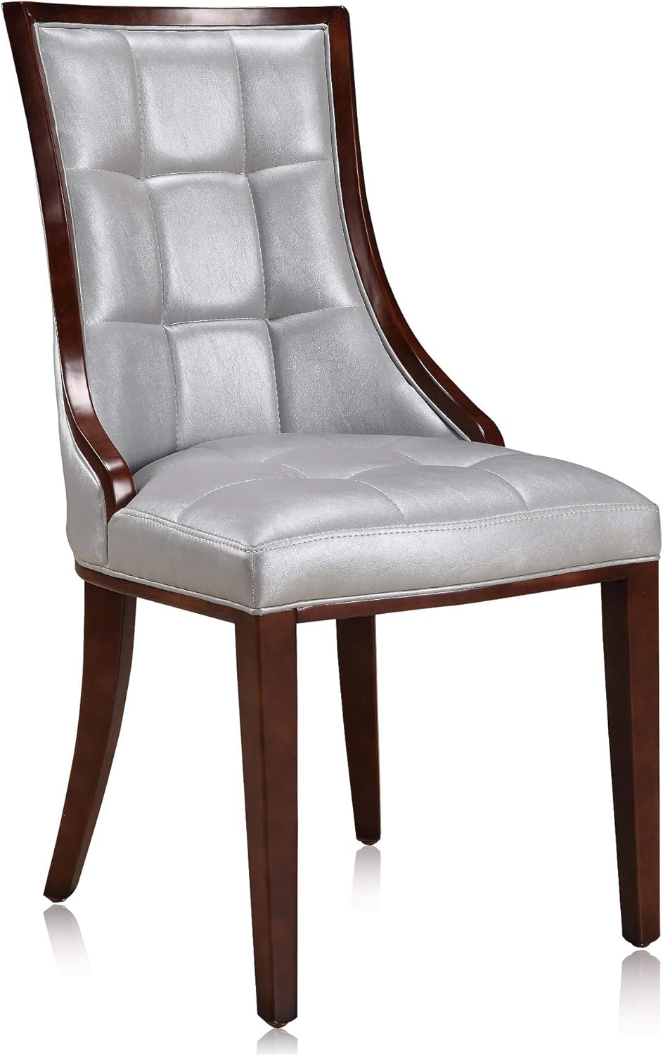 Manhattan Comfort Fifth Avenue Faux Leather Dining Chairs, Parsons Accent Furniture with Padded Wingback Seat, Fine Rectangular Stitching and Solid Beech Wood Frame, Set of 2, Silver