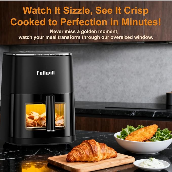 Fullwill Air Fryer with Viewing Window 6QT,5-in-1 Multi-Function(Air Fry,Roast,Bake,Reheat,Dehydrate) plus 7 One-Touch Presets for Wings,Fries,Steak and More,95% Less Oil Cooking for Families