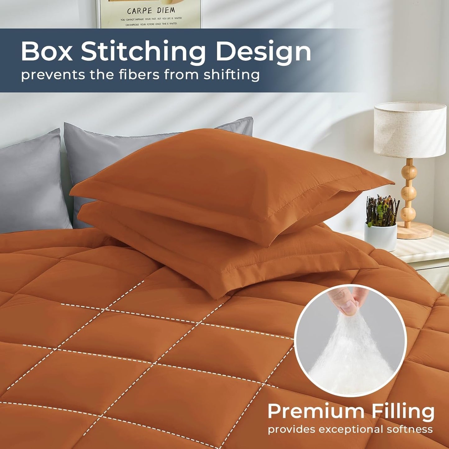 HEVUMYI King Comforter Set - 7-Piece All Season Bed in a Bag King, Ultra Soft Bedding Set with Comforter, Flat Sheet, Fitted Sheet, Pillowcases, Pillow Shams, Orange & Light Grey