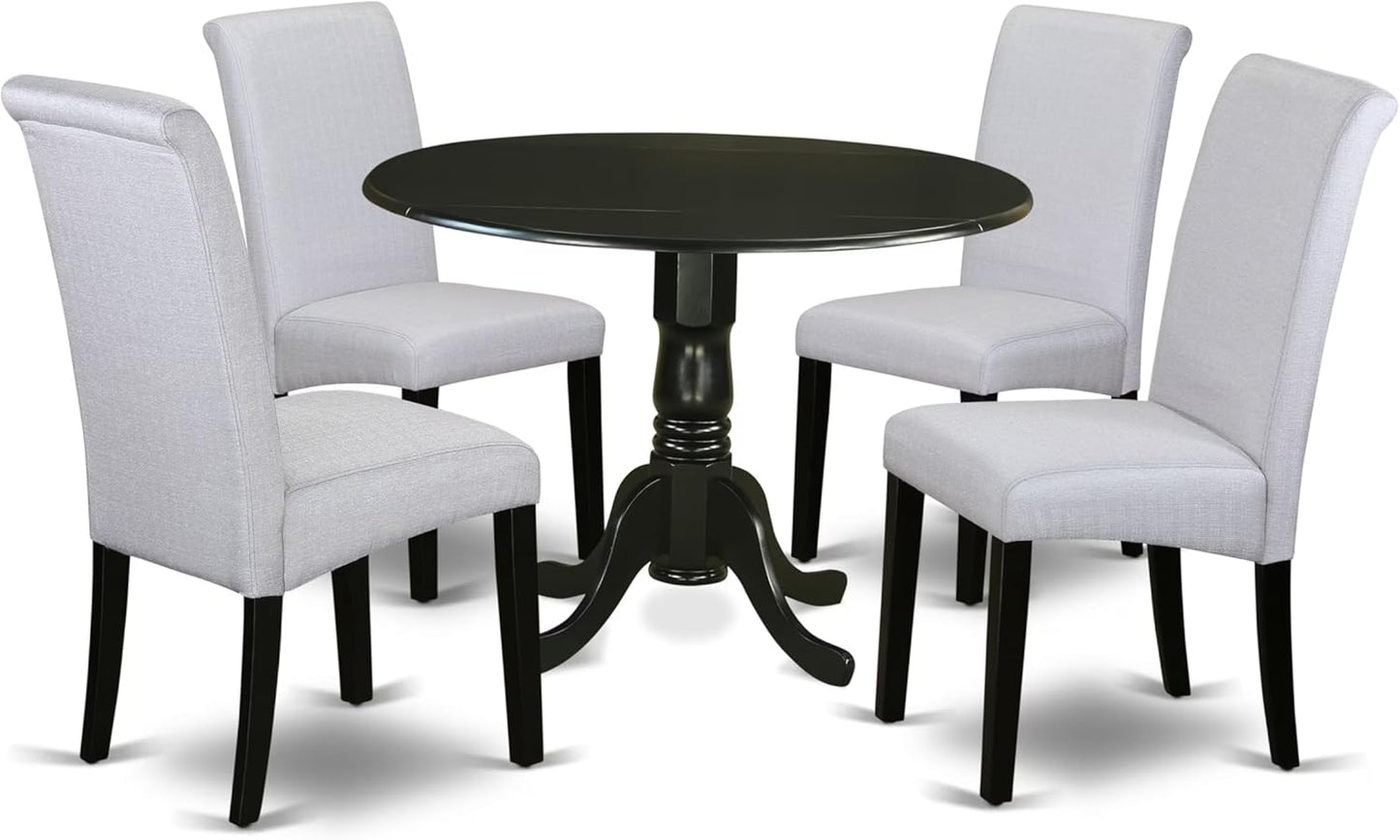 East West Furniture DLBA5-BLK-05 5 Piece Dining Set Includes a Round Dining Room Table with Dropleaf and 4 Grey Linen Fabric Upholstered Parson Chairs, 42x42 Inch, Black