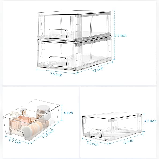 2 Pack Stackable Storage Drawers,Plastic Organizers Bins, Drawers Storage with Handles and Movable Dividers for Organization and Storage in Fridge,Dressers, Pantry, Kitchen Cabinets, Under Sink
