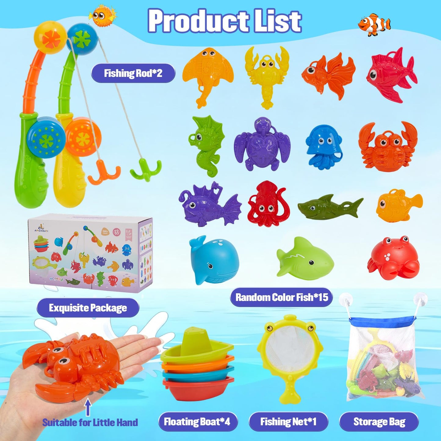 Toddler Bath Toys for Kids Ages 1-3, 22 PCS Mold Free Bath Toys Toddlers 2-4 with Fishing Toy Games, Fishing Pole Rod Net Tub Toys with Mesh Bag, Water Pool Toys for Kids Ages 1 2 3 4 5 6 8 Years Old