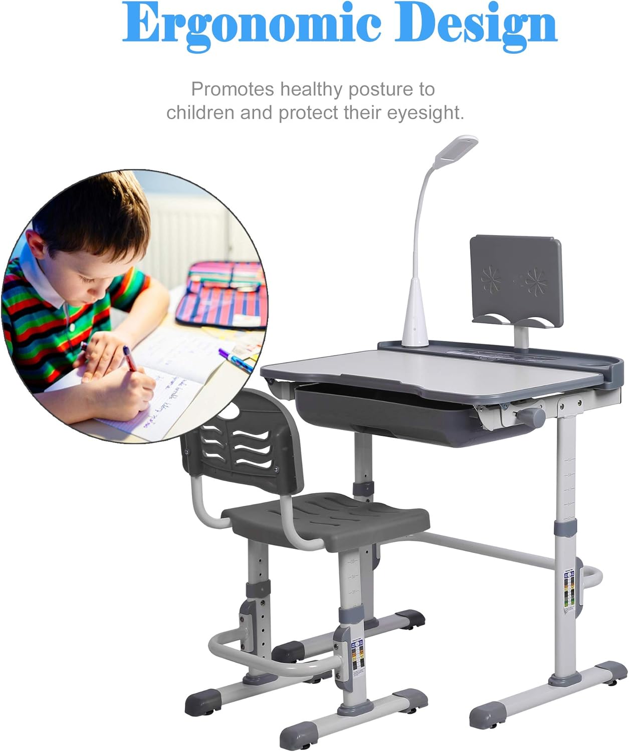 Kids' Desk and Chair Set, Height Adjustable Child's School Study Writing Tables with Tilt Desktop, LED Light, Storage Drawer, Book Stand(Grey)