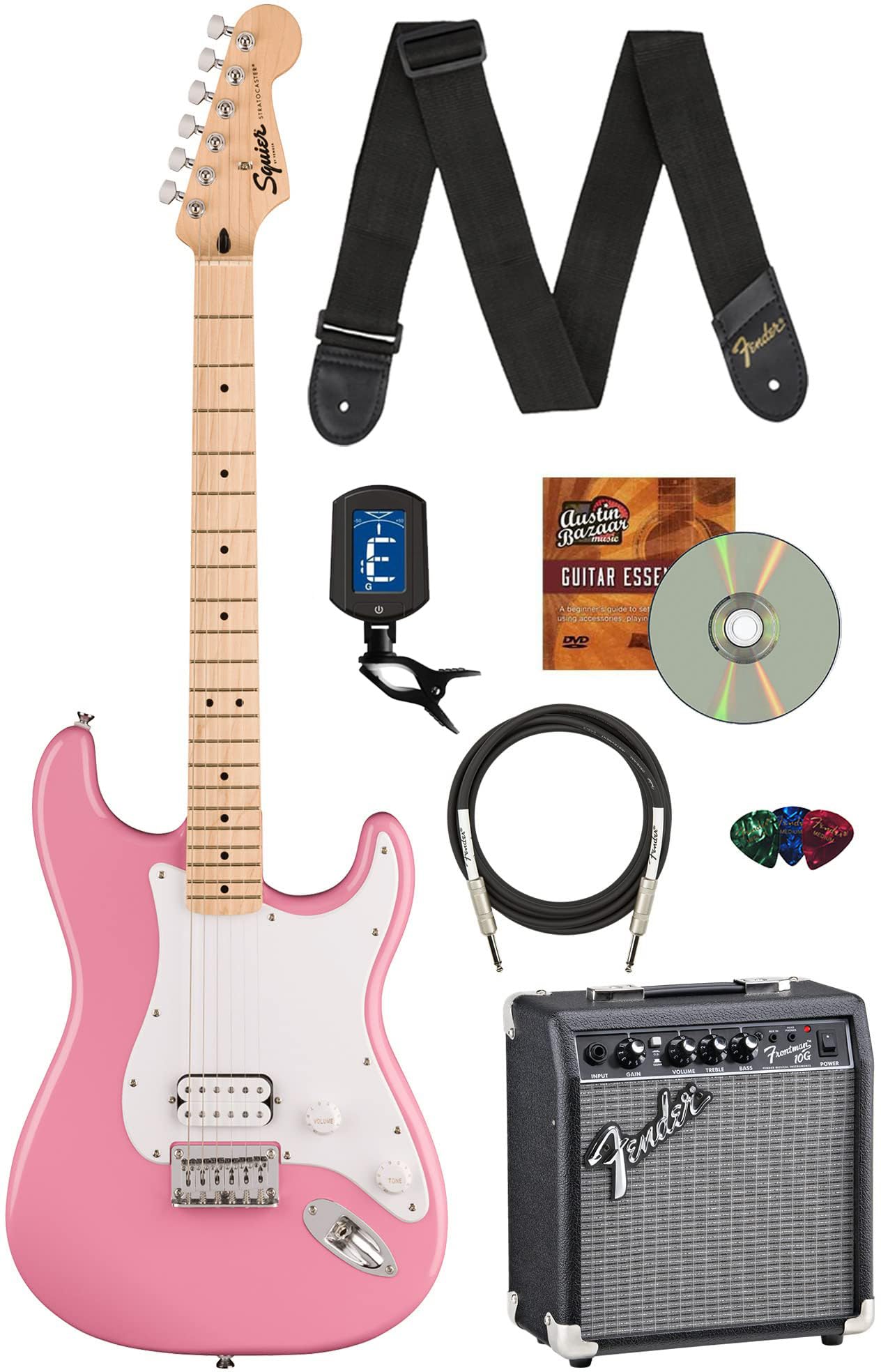 Fender Squier Sonic Stratocaster HT H - Flash Pink Bundle with Frontman 10G Amp, Tuner, Strap, Cable, Picks, and Austin Bazaar G