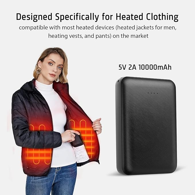 Rechargeable Battery for Heated Vest 10000 mAh Power Bank for Heated Jacket Heating Electric Vest Coat Hoodies Battery Pack for Man Women Heated Clothing