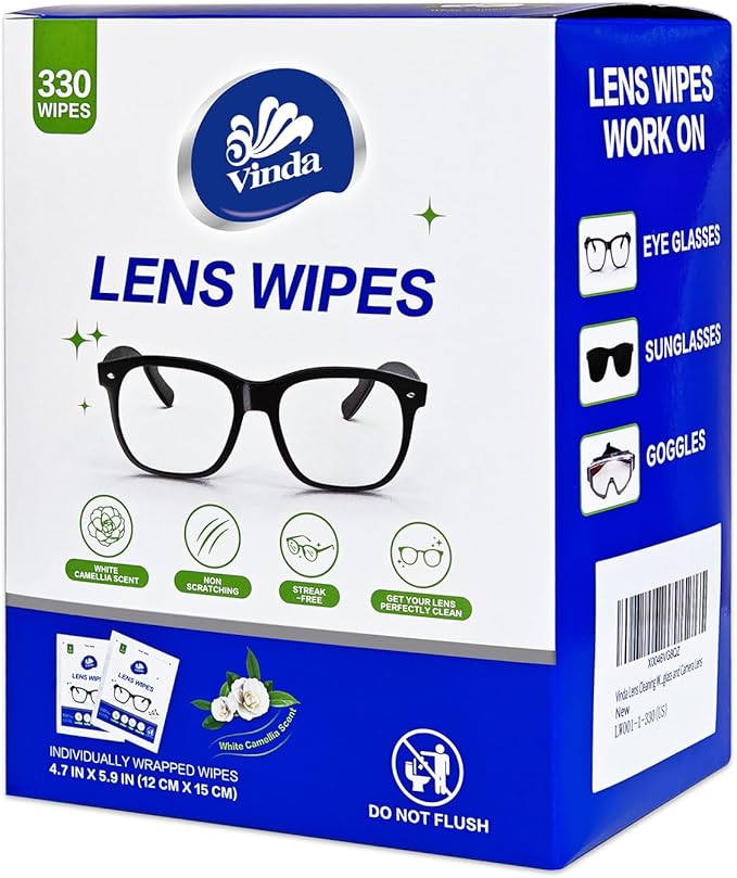 Vinda Pre-Moistened Lens Cleaning Wipes – 330 Individually Wrapped, Streak-Free Wipes for Glasses, Screens, Cameras & More – Ammonia-Free, Gentle Optical Cleaner