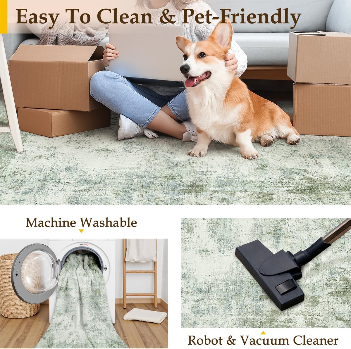 9x12Washable Area Rug Green Modern Neutral Abstract Living Room Bedroom Indoor Floor Carpet Low Pile Soft Non-Slip Lightweight Vacuumable Large Throw Rug for Nursery Dining Room
