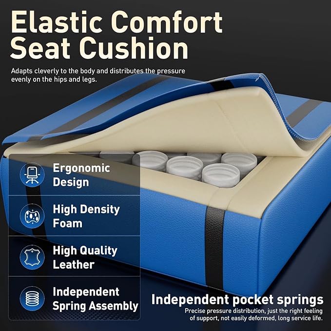 HLDIRECT Gaming Chair, Ergonomic Video Game Seat with 360° Swivel & Lumbar Massage, Computer Chair PU Leather Cushion for Adults Home/Office Use (Black & Blue)