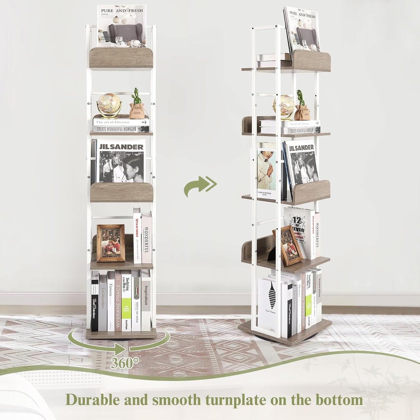 Bikoney Bookshelves 5-Tier, Rotating Bookshelf Tower for Corner, Small Narrow Bookcase, Tall Industrial Bookshelf, Wood and Metal White