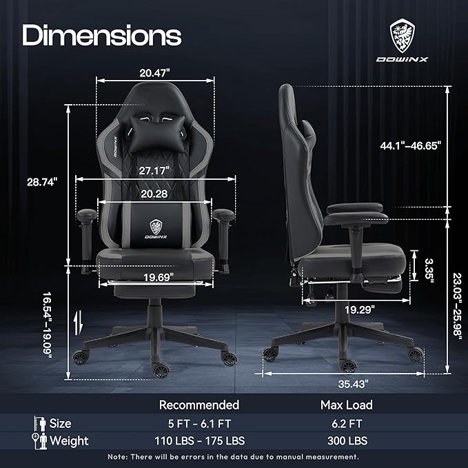 Dowinx Gaming Chair with Pocket Spring Cushion, Massage Gamer Chair Pu Leather with Lumbar Support, Ergonomic Computer Office with Footrest 300lbs for Adult, Black Grey