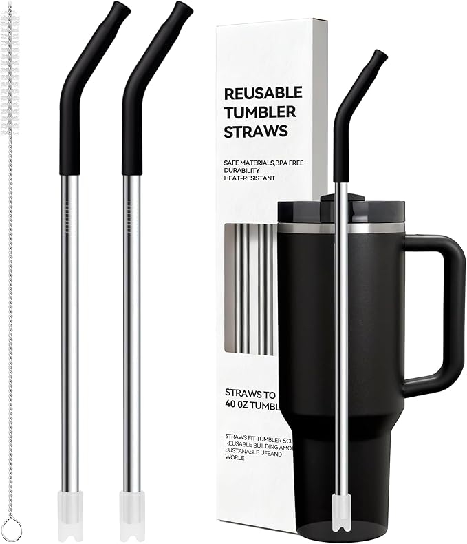 Snowfall Metal Straw for Stanley 40 OZ Cup, 12.2'' Long Reusable Stainless Steel Replacement Straws with Silicone Tip for Simple Modern 40 OZ Tumbler (Black)