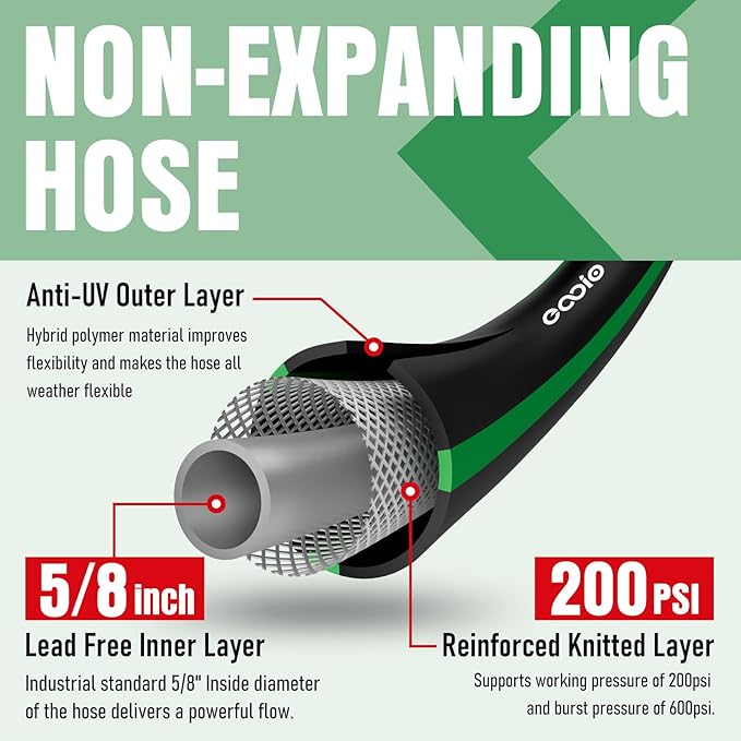 Garden Hose 25ft with 10 Function Nozzle, NON-EXPANDABLE Flexible Water Hose, Kink Resistant Lightweight Hybrid Hose, Leakproof Hose Male to Female Fittings