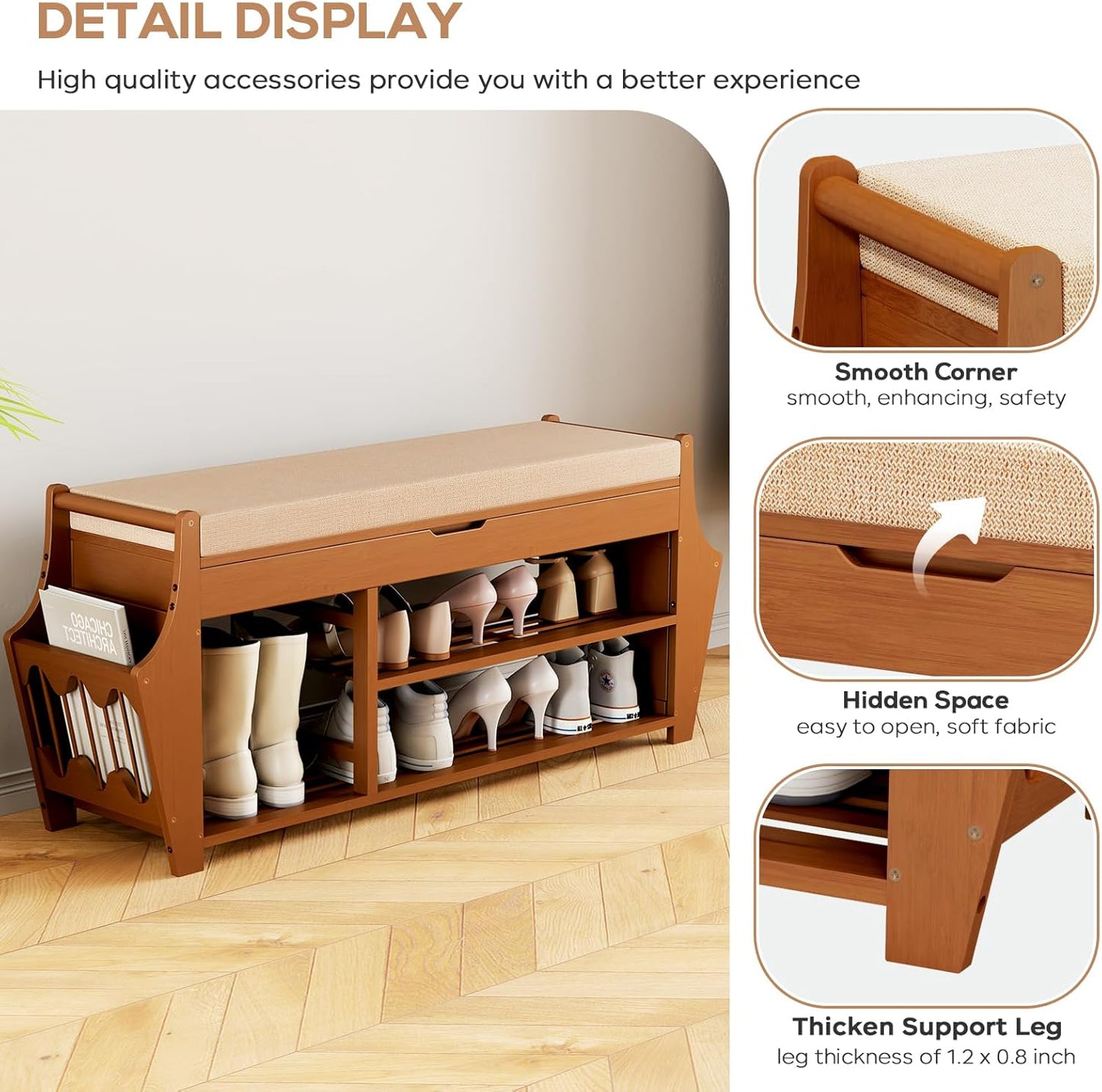 47.2in Shoe Bench Entryway - Bamboo Shoe Rack Bench with Storage, Shoe Rack Organizer with Cushion, 2 Side Holder, Holds Up tp 330lbs for Front Door Entrance, Living Room