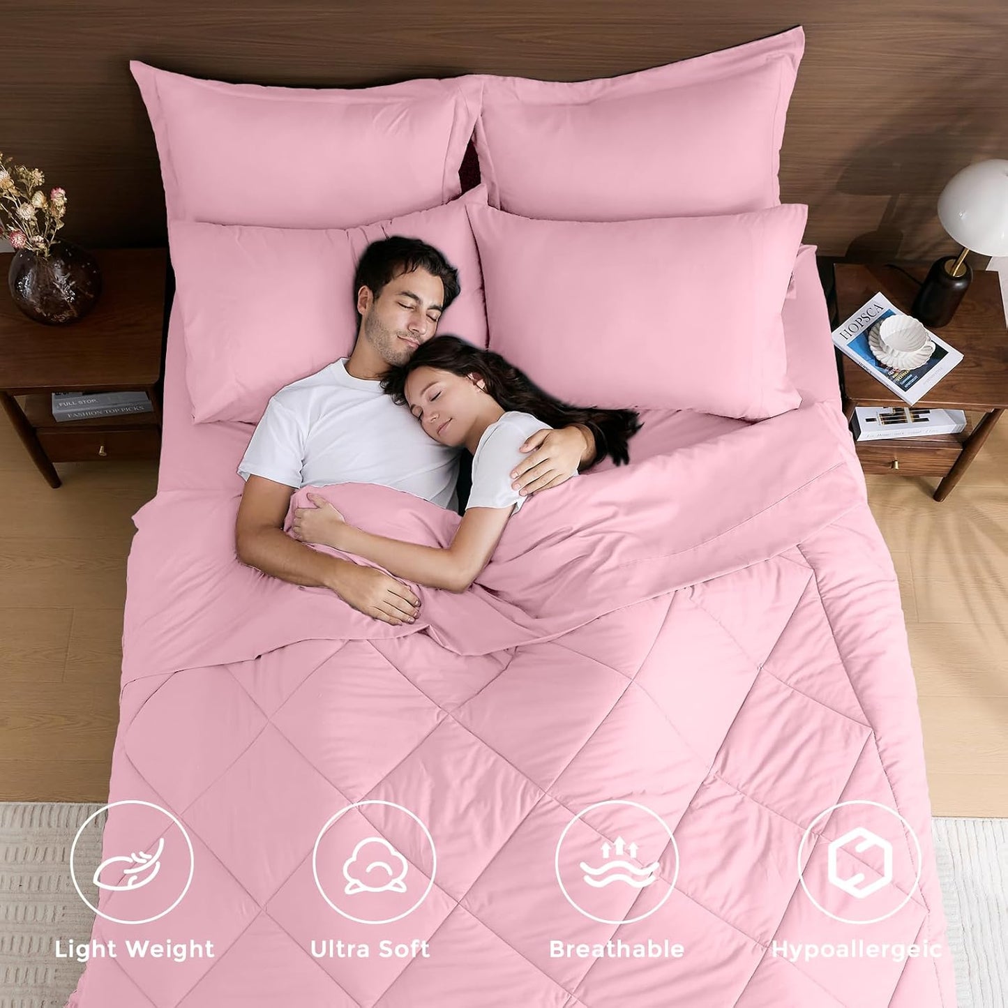 HEVUMYI Pink Queen Comforter Set - 7-Piece All Season Bed in a Bag Queen, Ultra Soft Bedding Set with Comforter, Flat Sheet, Fitted Sheet, Pillowcases, Pillow Shams, Pink
