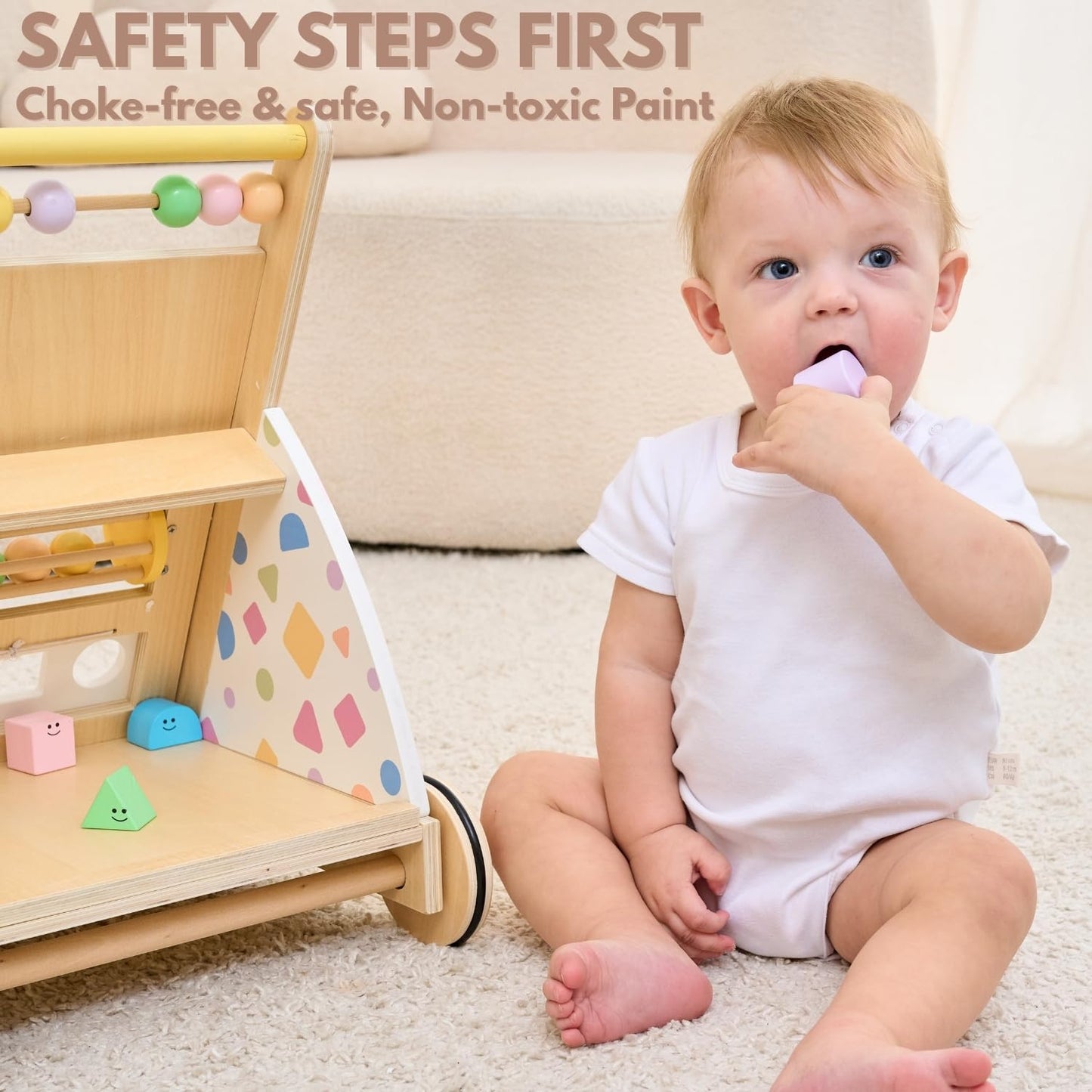 Little Orchard Baby Wooden Baby Walker with Upgraded Adjustable Speed Control, Montessori Activity Push Walker with Wheels, Baby Walker Toy for Toddlers, Gift for Boys & Girls 1 Year Old