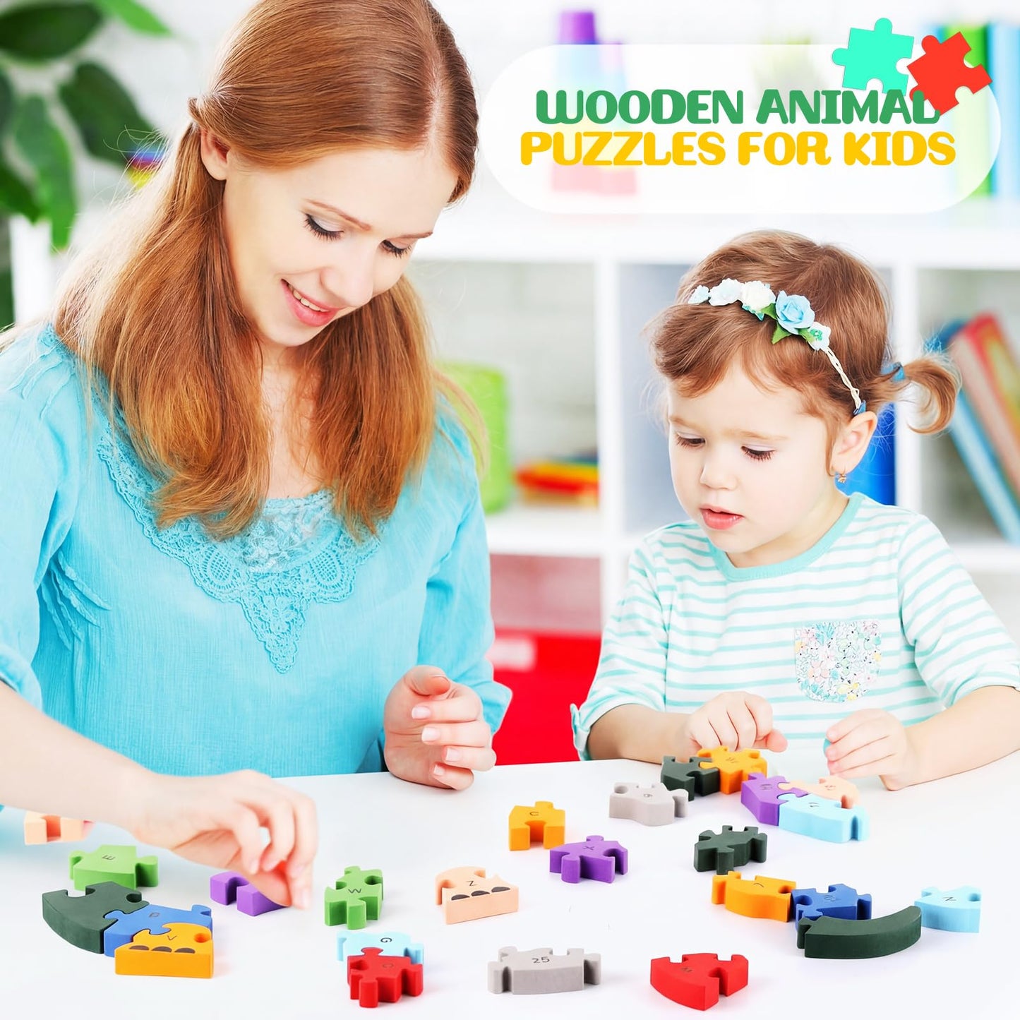Yunsailing 4 Pcs Alphabet Jigsaw Puzzle Wooden Blocks Toys Alphabet Educational Toddler Puzzle Toys for Preschool Learning Party Favor Gift Learning(Elephant, Bear, Dinosaur, Cow)