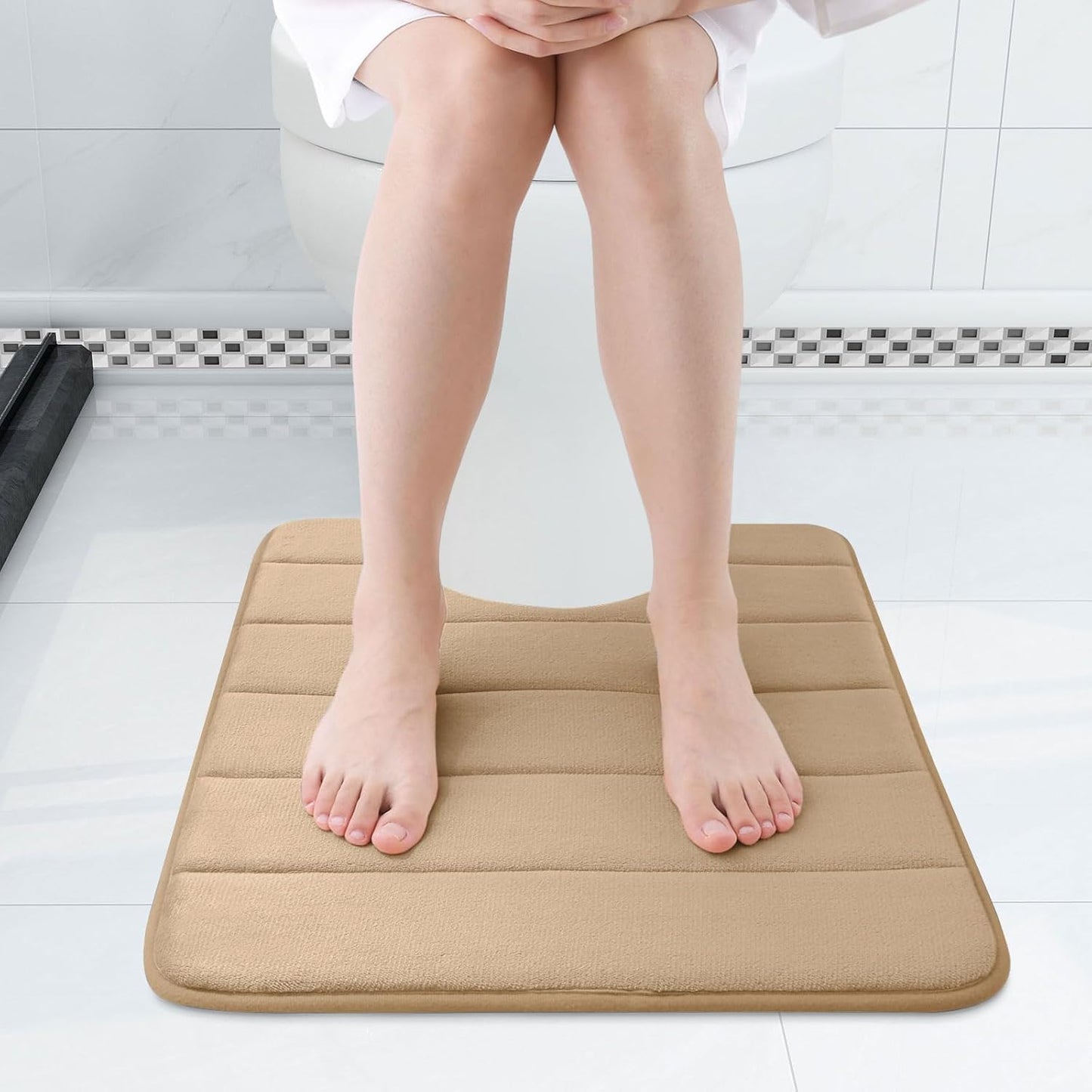 Buganda Memory Foam U-Shaped Contour Toilet Rugs, Non Slip Absorbent, Thick Soft Washable Bathroom Mat, Floor Carpet Bath Rugs Mat for Toilet Base (24" x 20", Camel)
