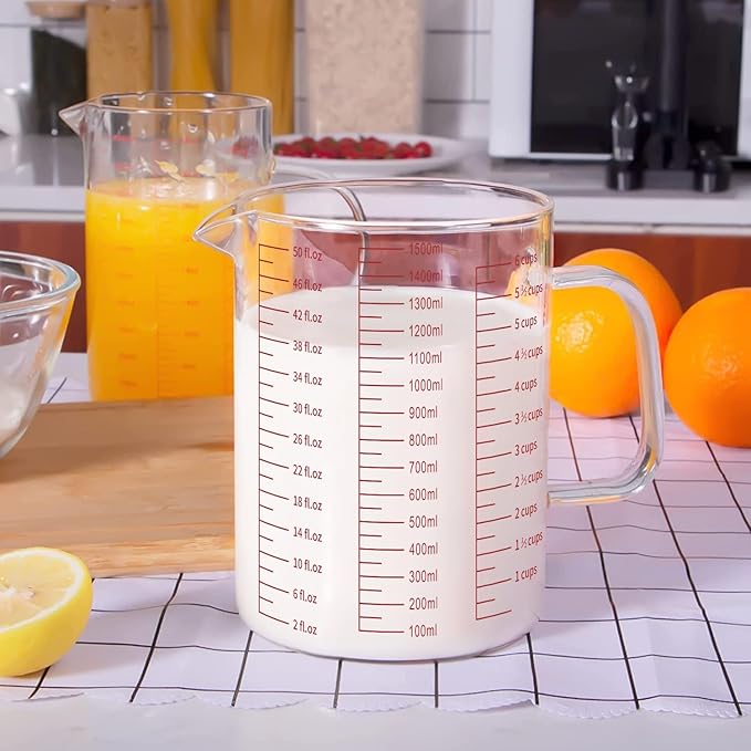Luvan 6 Cups Glass Measuring Cup, Easy to Read with 3 measurement scales (Ml/Oz/Cup), Insulated Handle and V-shaped Spout, High Borosilicate Glass Measuring Cup, Ideal for Kitchen or Restaurant