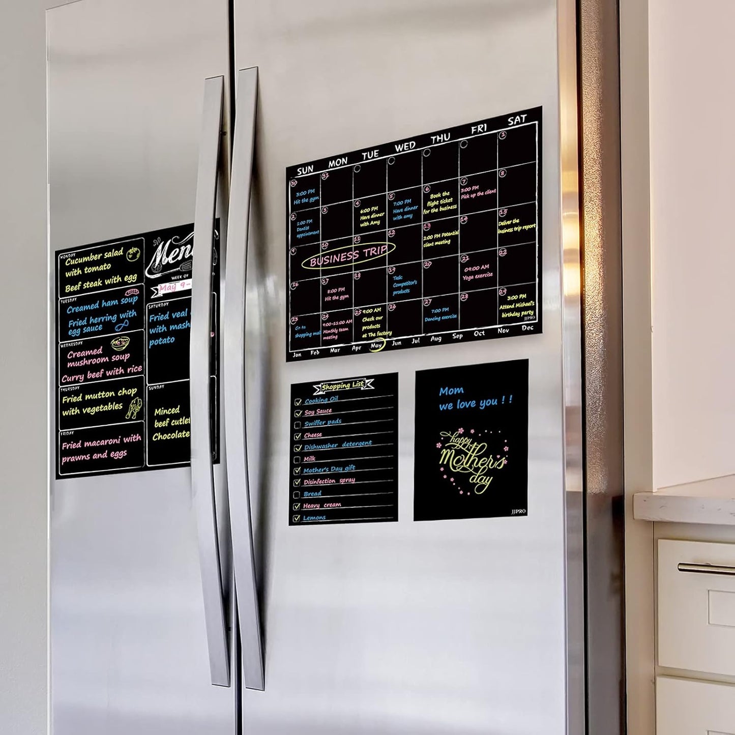 Magnetic Chalkboard Monthly Calendar - Weekly Meal Planning Blackboard Combo Set with Neon Bright Liquid Chalk Markers - Bonus Grocery List and Notepad Blackboard for Refrigerator Included