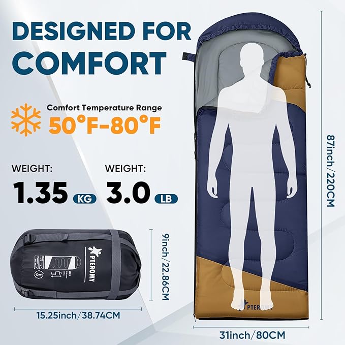 PTEROMY Sleeping Bags for Adults, Lightweight and Machine Washable, Water Resistant Backpacking Camping Sleeping Bag for Warm Cold Weather, Camping Essentials for Hiking Travel