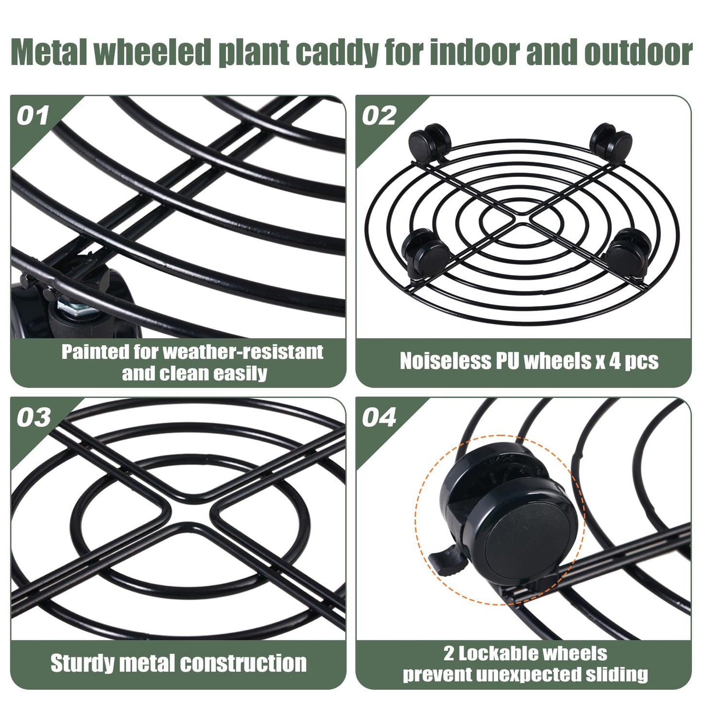 6 Packs 12 Inches Large Metal Plant Caddy with Wheels Rolling Plant Stands Heavy-duty Wrought Iron Plant Roller Base Pot Movers Plant Saucer on Wheels Indoor Outdoor Plant Dolly with Casters Planter Tray Coaster