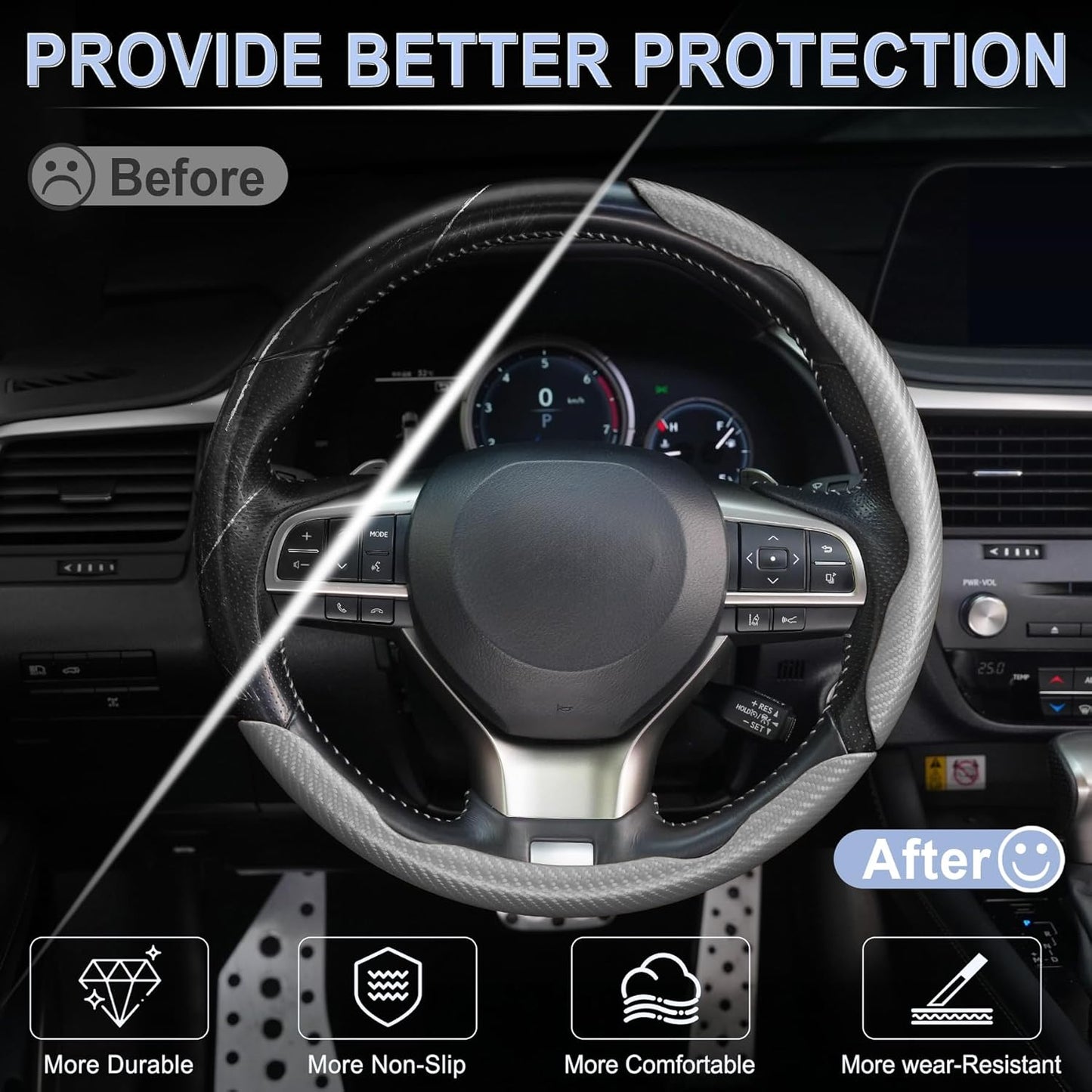 Amiss 3pcs Carbon Fiber Anti-Skid Steering Wheel Cover, Segmented & Butterfly Design, Universal 99% Car Wheel Cover Protector, Grey