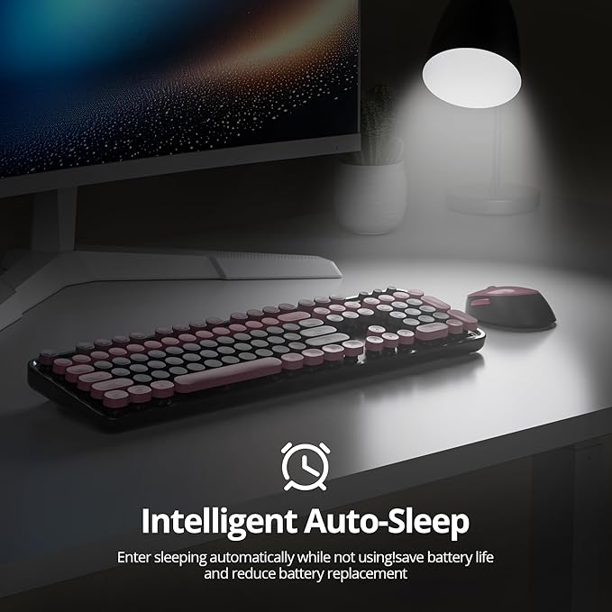 Wireless Keyboard and Mouse Set, Retro Typewriter, 2.4GHz Full Size 104-Key Cute Keyboard with Number Pad, Colorful with Round Keycaps for Windows PC Laptop(Berry Powder)