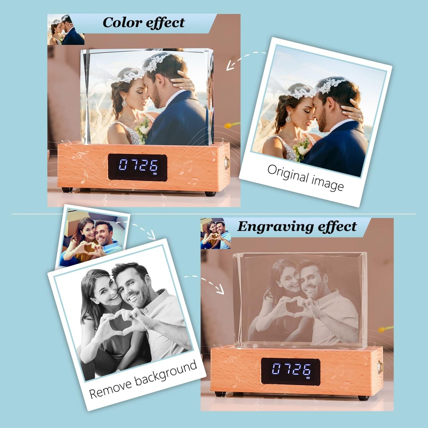 Personality Rectangular Night Light 3D Crystal Light Custom Color Photo LED Light Discoloration Belt Clock Base Personality Gift Men Women Home Office Desktop Decorations