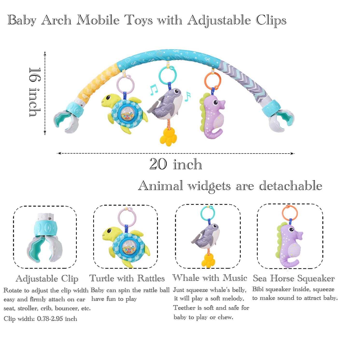 ORZIZRO Baby Stroller Arch Toys, Crib Mobile for Infants Adjustable Bassinet Mobile with Universal Clamp, Activity Toy Bar for Bouncer Newborn CarSeat Stroller Toy Sense Toys for Baby 0 6 12 Months
