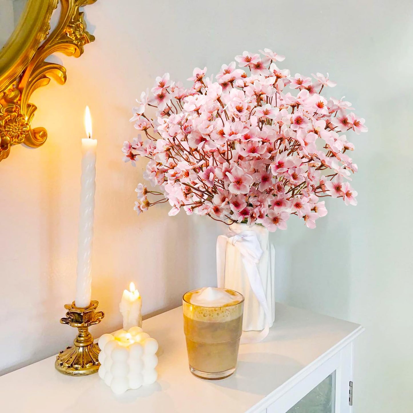 obbsie 24Pcs Artificial Cherry Blossom Flower, Faux Silk Peach Blossom Branches Fake Plum Blossom Flowers Stems Arrangements for DIY Home Wedding Table Centerpieces Vase Decor