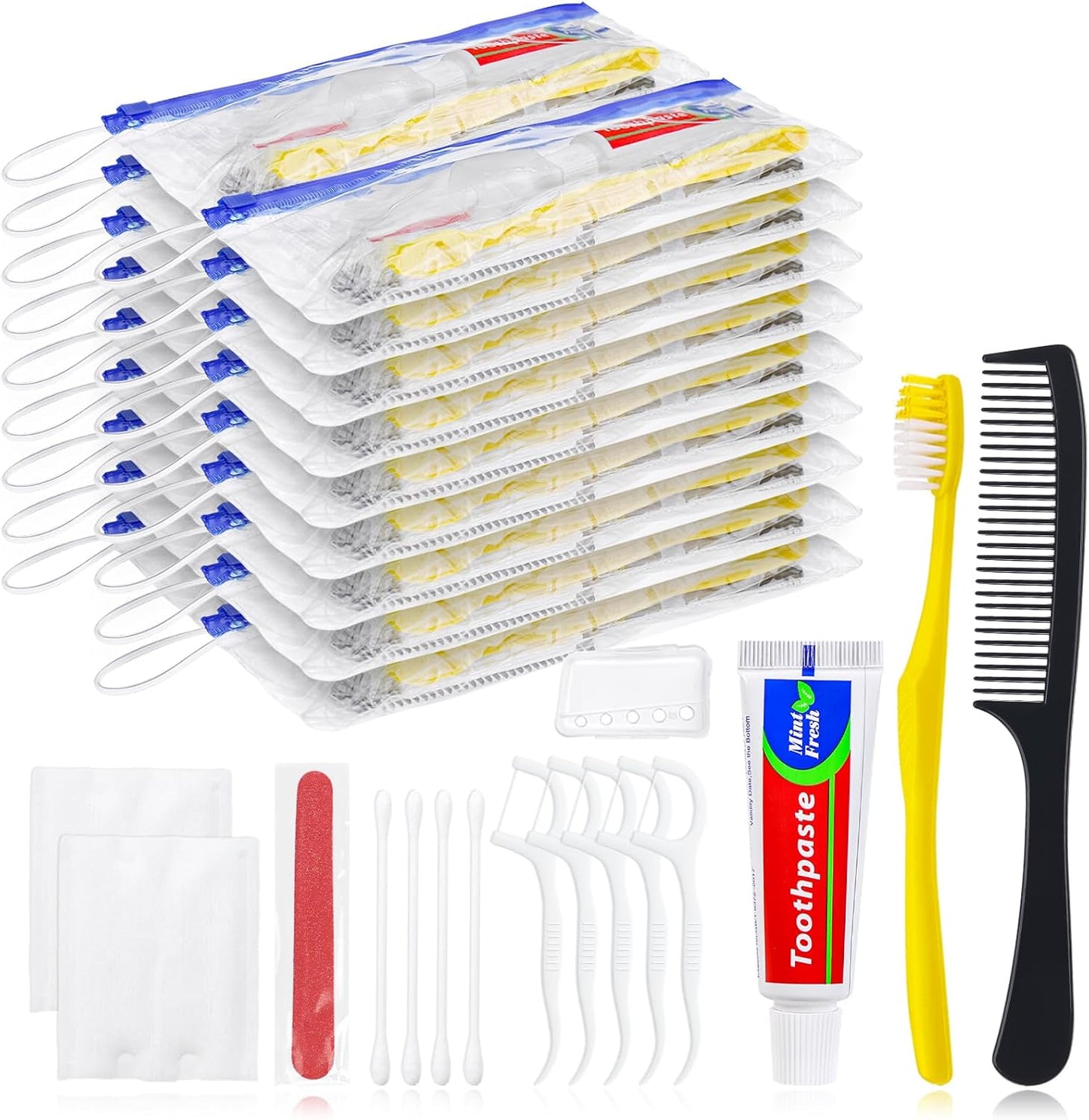 Personal Hygiene Kit Bulk Pack of 100,Yellow Disposable Toothbrushes with Toothpaste Floss Comb Cover and Hotel Vanity Set Basic Travel Toiletry Kit Supplies for Homeless,Charity,Guests