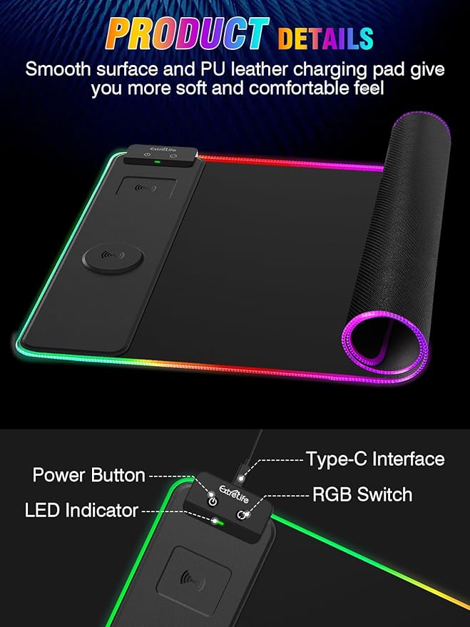 Wireless Charging Mouse Pad 15W, RGB Gaming Mouse Pad with Wireless Charger for iPhone/Airpods, 31.5"x15.7" XXL Large Desk Mat, 13 Light Modes, Magnetic Charging, Waterproof, Desk Pad for Gamer, Black
