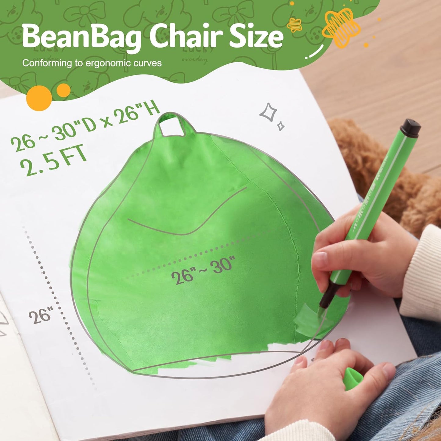 Homguava 2FT Bean Bag Chair: 2' Bean Bags with Memory Foam Filled,Comfy Beanbag Chairs Round Bean Bag Sofa with Dutch Velvet Cover-Lime