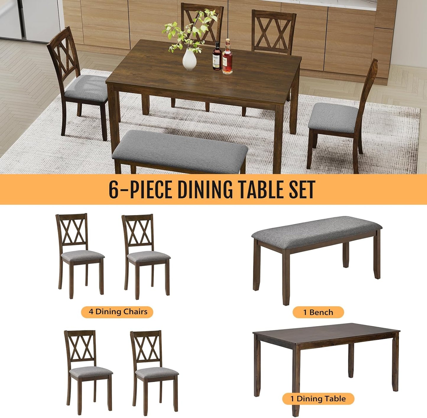 6-Piece Solid Wood Dining Table Set, Dining Table & Chair Set for 6, Including 1 Dining Table, 4 Upholstered Chairs and 1 Bench, Dining Table Set for Dining Room & Kitchen, Walnut