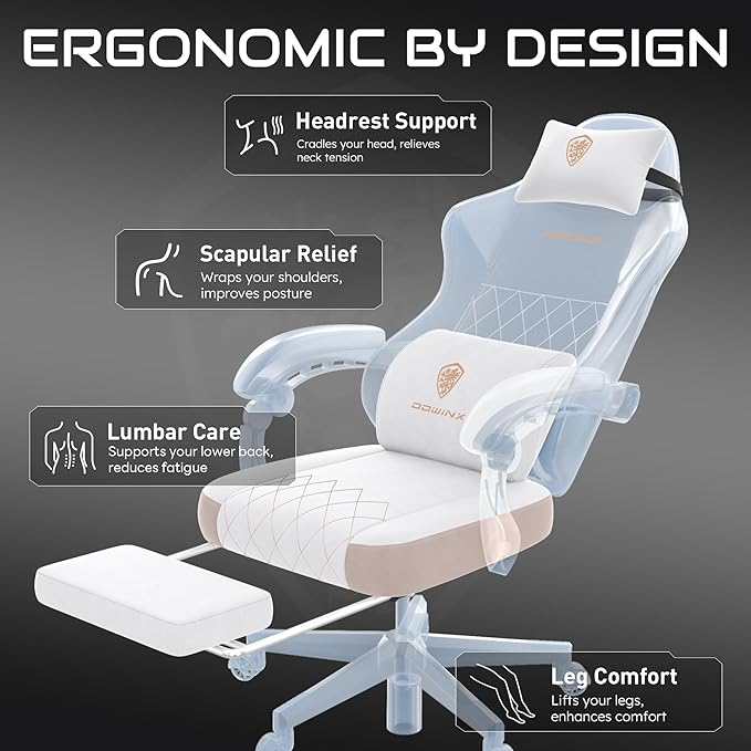 Dowinx Gaming Chair, Fabric Gaming Chairs for Adults with Pocket Spring Cushions and Lumbar Support, Ergonomic Massage Computer Chair with Footrest for Big and Tall, Beige