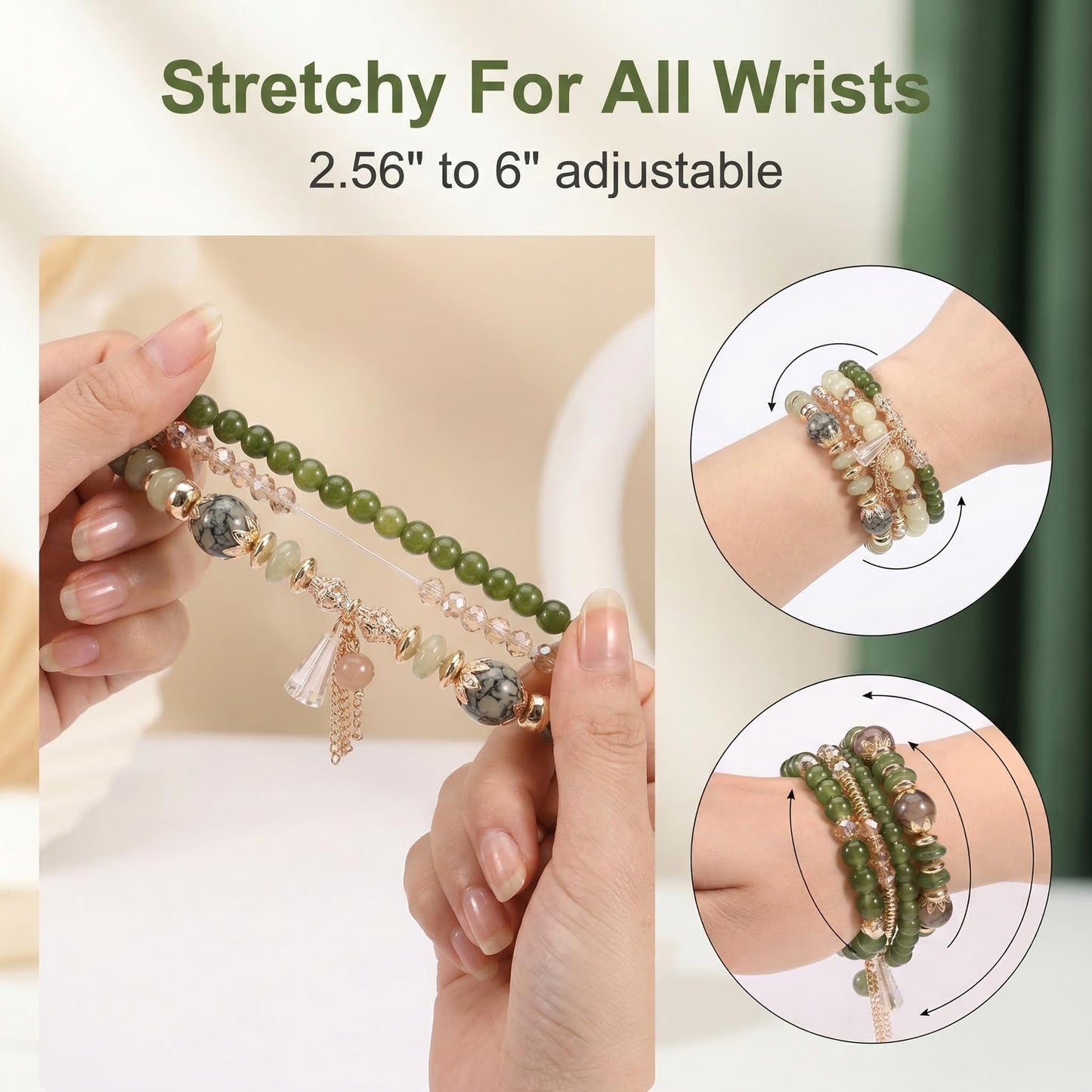 LOTSOF Bohemian Green Jade Stackable Bracelet Set - 4-Layer Stretch Beaded Bracelets with Gold Accents, Boho Jewelry for Women, Fashion Statement Accessory (Gift Ready) (Green)