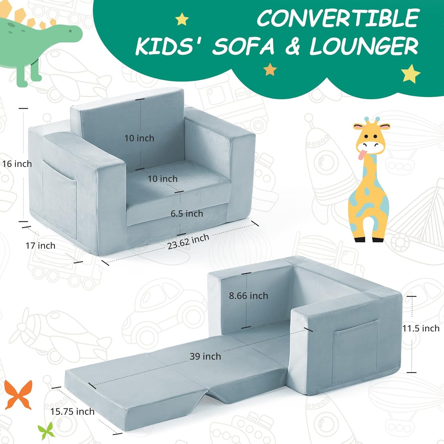 Kids Couch, 2-in-1 Toddler Chair Comfy 1-3 Years, Convertible Kids Chair, Toddler Couch That Fold Out, Kid Lounge Chairs for Boys and Girls, Soft Coral Fleece, Blue