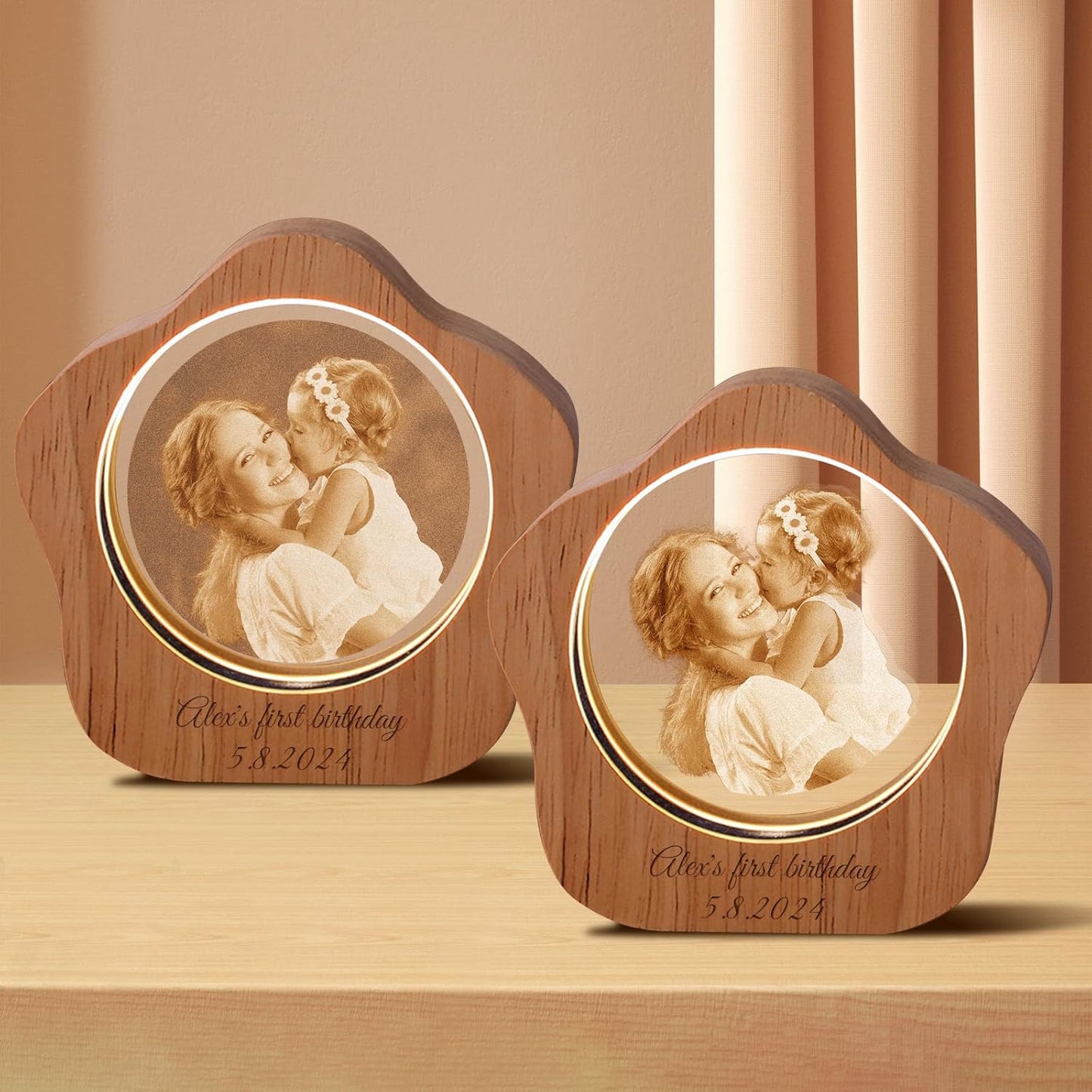 Custom 3D Crystal Photo Night Light – Personalized Glass Photo Ball with Customized 3D Picture Engraving, LED Light Wood Base, Unique Custom Gifts for Family, Pets, Birthday，Valentine's Day (Style 5)