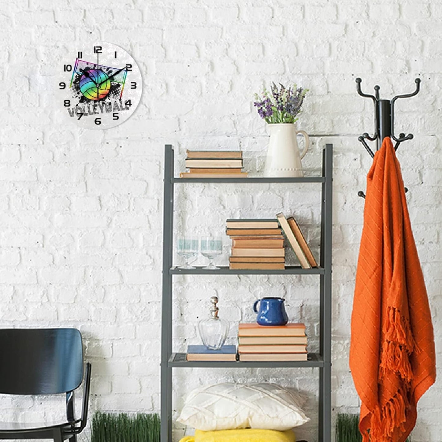 Sport Rainbow Volleyball Wall Clock Silent Non-Ticking,Volleyball 9.5 Inch Round Wall Clock Battery Operated Clock Decor for Boys Room Home Wall Bathroom Kitchen Bedroom Living Room Office Classroom