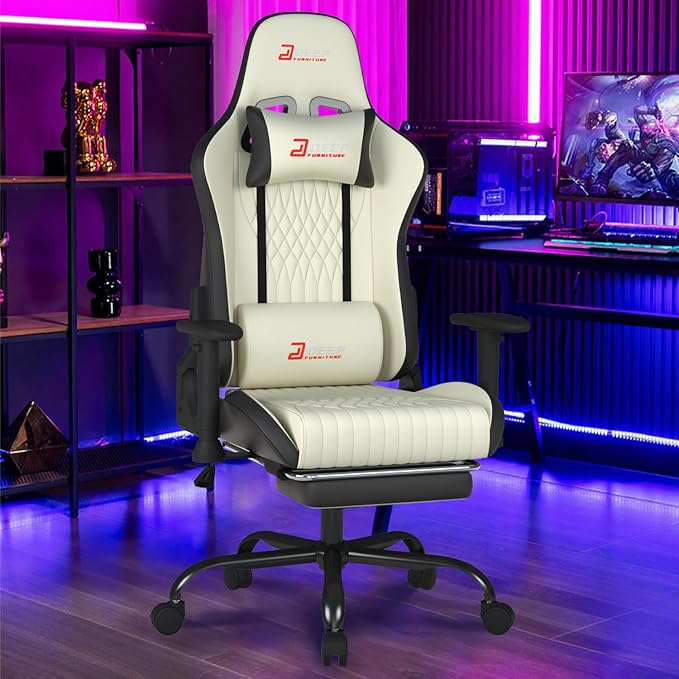 Video Game Chair with Footrest Ergonomic Comfortable Gaming Office Chair Height-Adjustable with a 360° Swivel Base and Headrest(1002-White)
