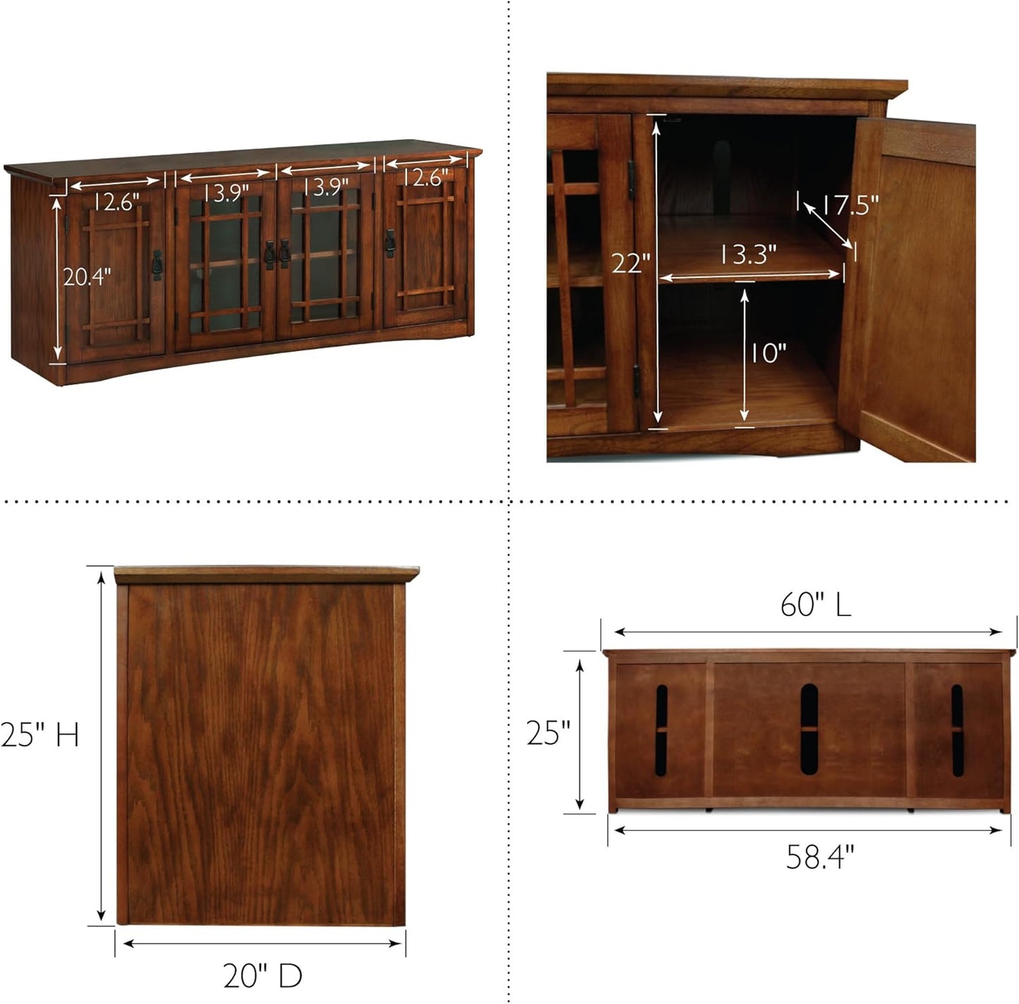 Leick Home 82360 Solid Wood Mission Oak Four Door TV Stand For 65" TVs Universal TV Console Living Room Storage Shelves Entertainment Center, Mission Oak