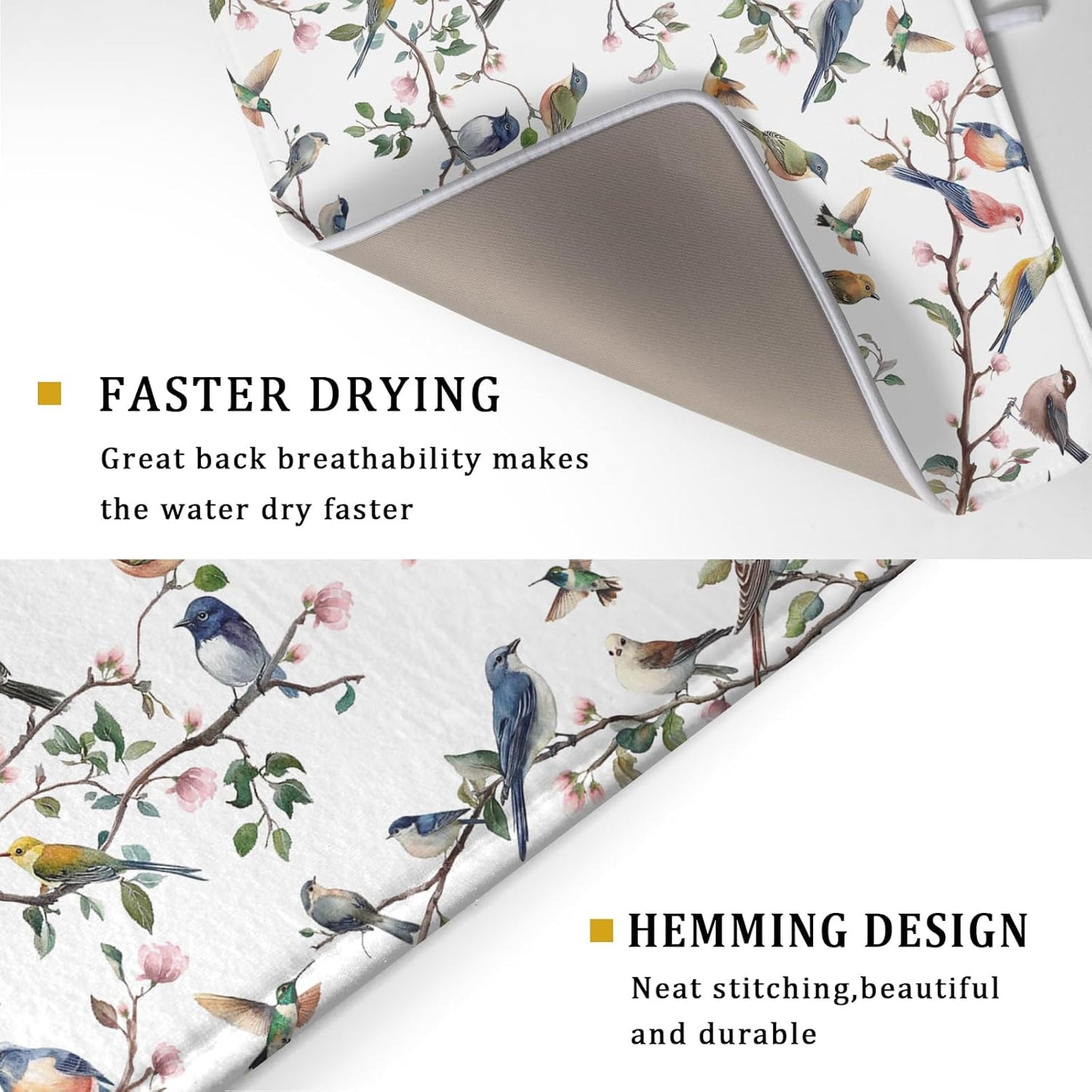 Floral Bird Dish Drying Mat for Kitchen Counter 18x24 Inch Spring Summer Bird Branch Flower Absorbent Reversible Microfiber Dish Pad Dish Drainer Rack Mats Countertops Protector Mat
