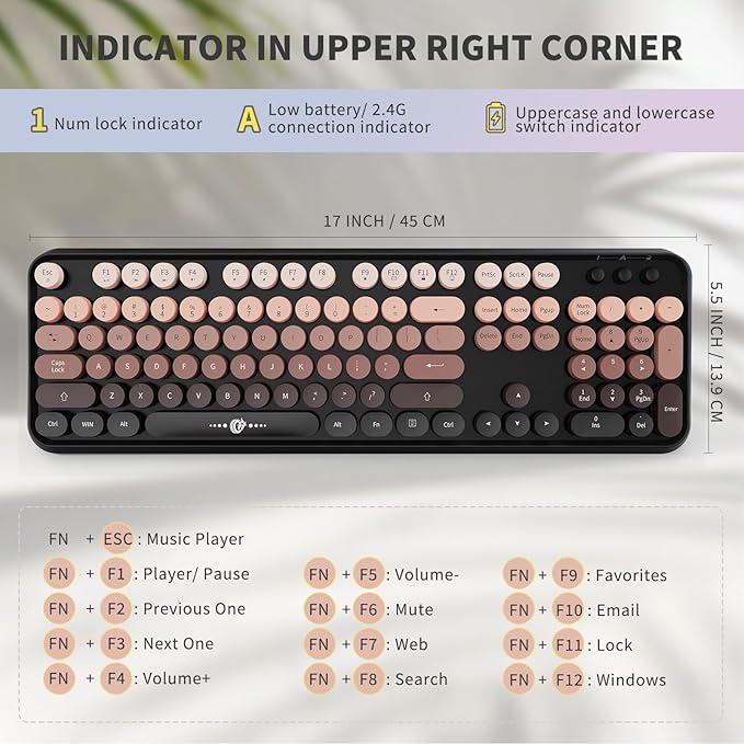 FD Wireless Keyboard and Mouse Combo - 2.4G Full-Sized Cute Colorful Mouse and Keyboard with 104 Round Keys Retro Typewriter Keyboard for Laptop/Windows/PC - Black Gradient