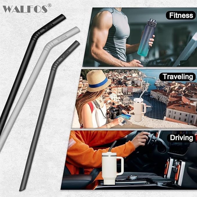 Walfos Silicone Straws - Reusable straws Bendy straws for Smoothies/20 & 30 oz Tumblers, BPA Free. 2 Size (3pcs Wide S + 3 pcs Regular + 2 Cleaning Brushes）