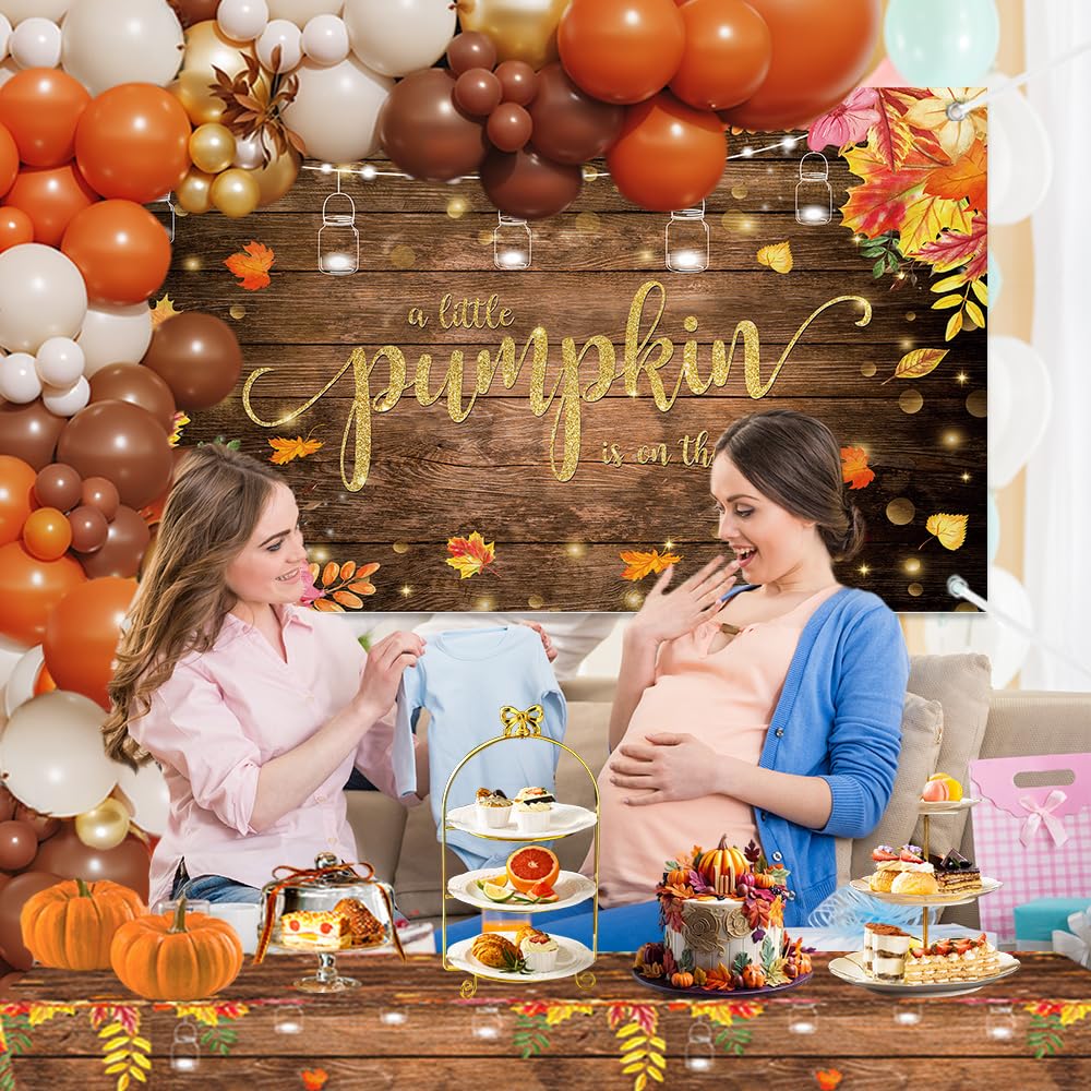 MEHOFOND Thanksgiving Pumpkin Baby Shower Decorations, Fall Rustic Wood Little Pumpkin is On the Way Backdrop Tablecloth Balloons Arch, Autumn Orange Brown Balloons Garland for Give Thanks Baby Shower