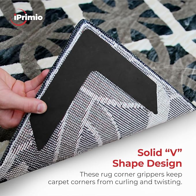 iPrimio NeverCurl Best V Shape Design Rug Corner Gripper to Instantly Stop Rug Corner Curling - Safe for Wood Floors - for Indoor & Outdoor Rugs - Carpet/Rug Tape - Not an Anti-Slip Pad